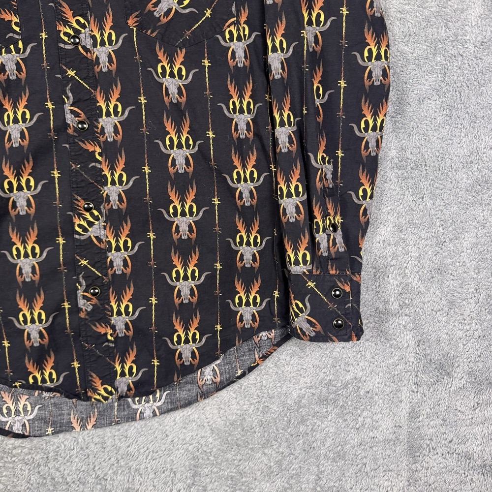 Rock & Roll Denim Shirt Mens M Aztec Western Pearl Snap Barbed Wire Steer Flames - Picture 4 of 13